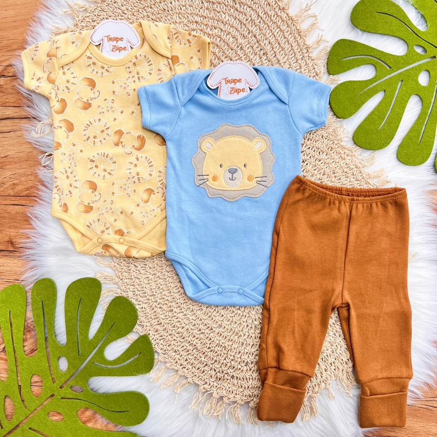 CONJ. DE MALHA 3 PEÇAS - Leãozinho - Azul Claro, Amarelo e Ferrugem